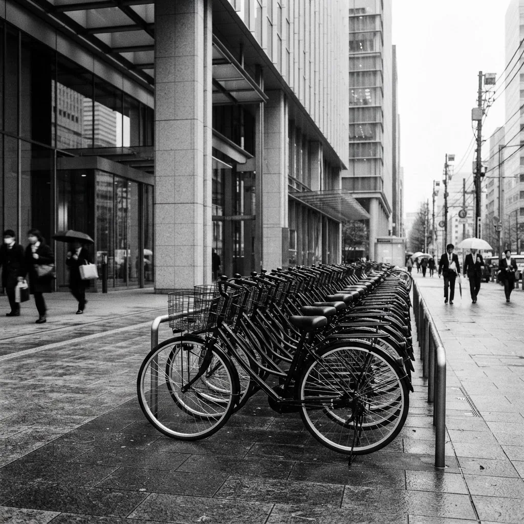 Fleet of matching commuter bicycles parked outside a Tokyo office building