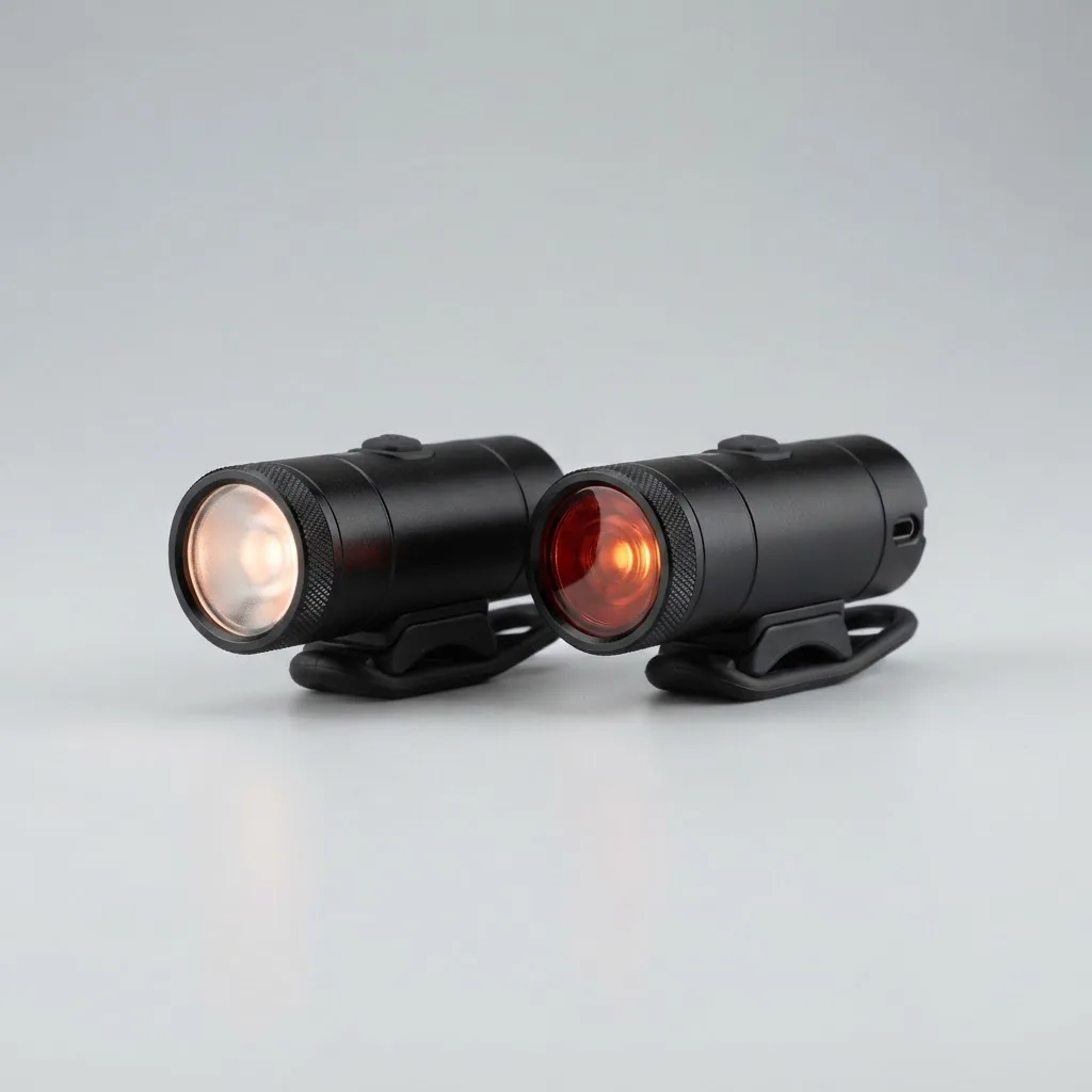 Compact black bicycle LED light set, front and rear units