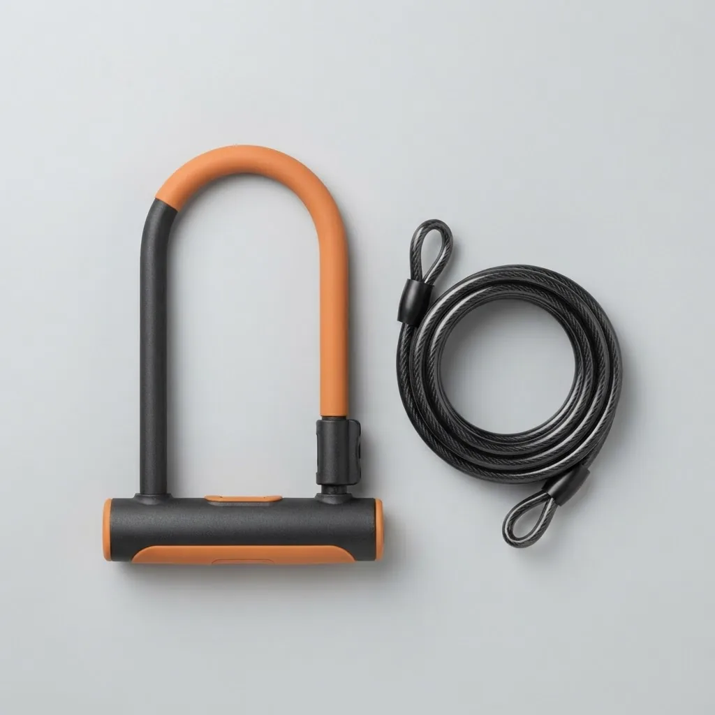 Heavy duty matte black bicycle U-lock with orange rubber coating