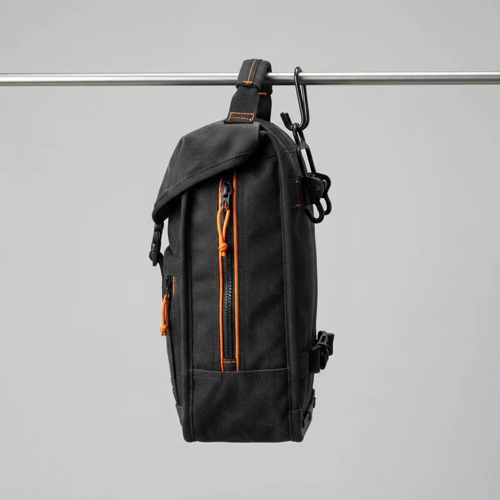 Rugged black canvas bicycle pannier bag with orange zipper accents