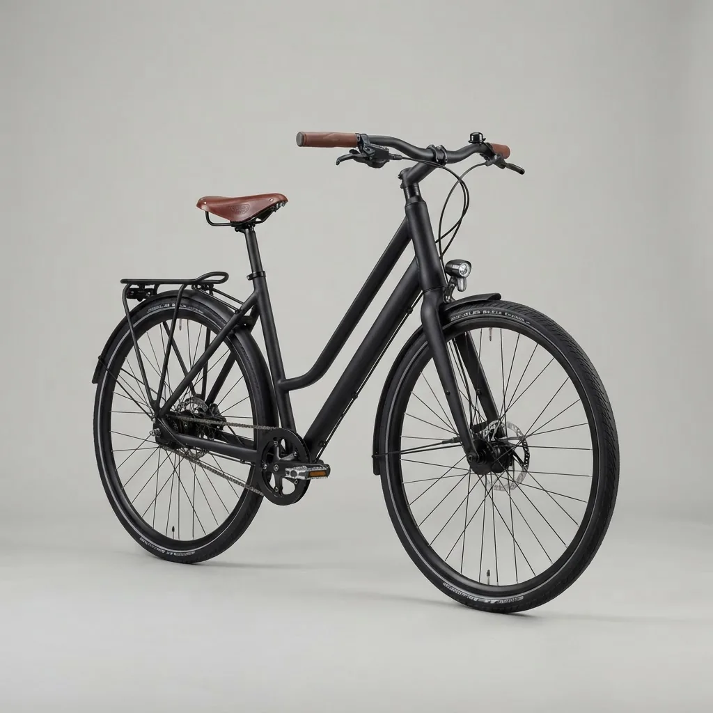 Matte black urban commuter bicycle with step-through frame