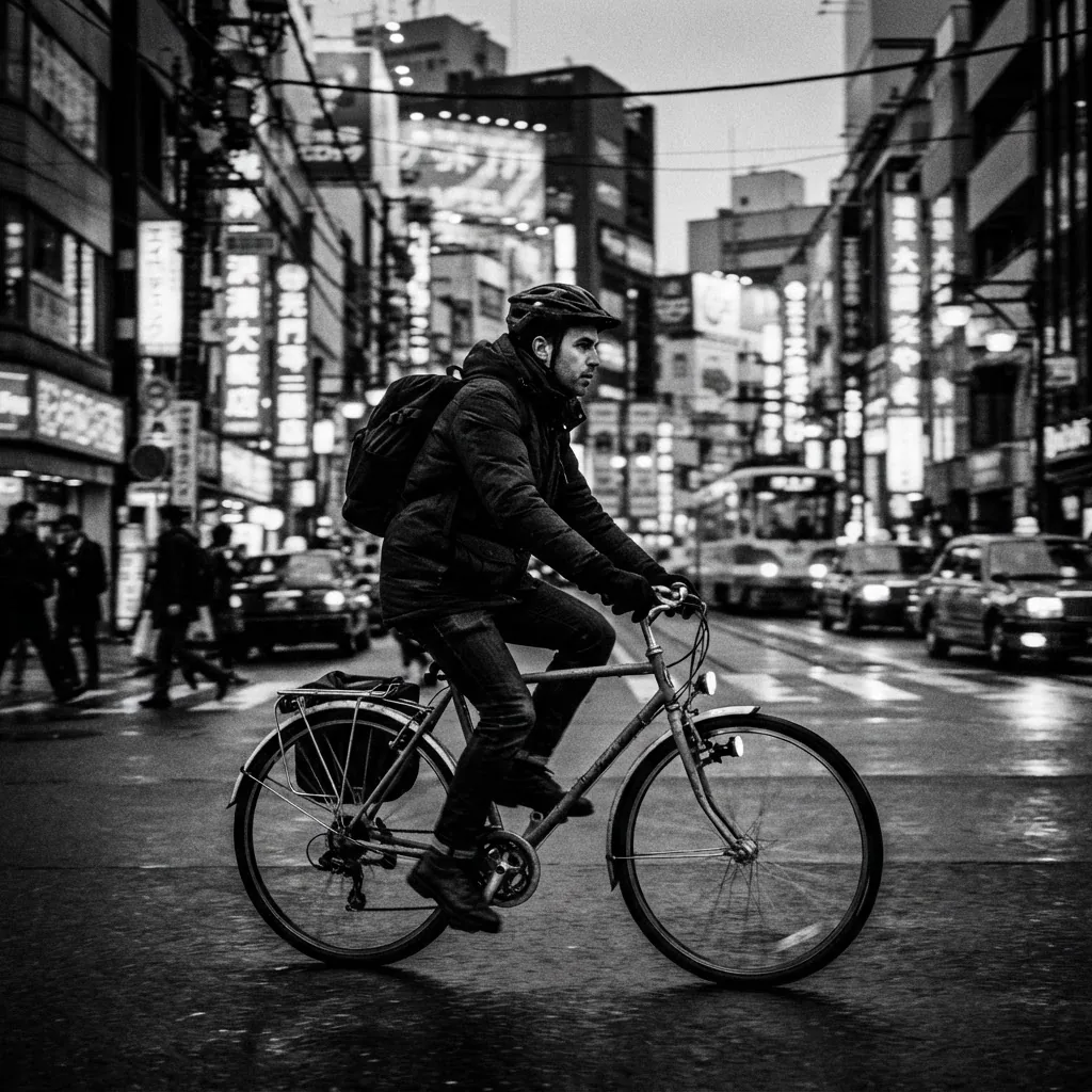 Cyclist riding an urban commuter bicycle through a Tokyo street at dusk